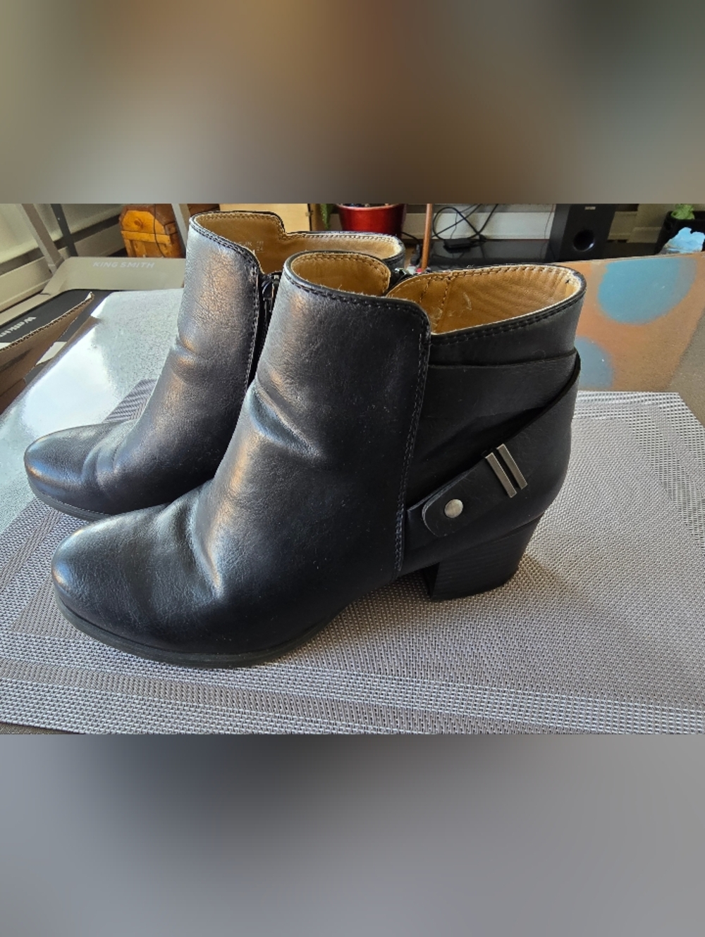 Natural Soul Black Leather Ankle Booties with Buckle Detail